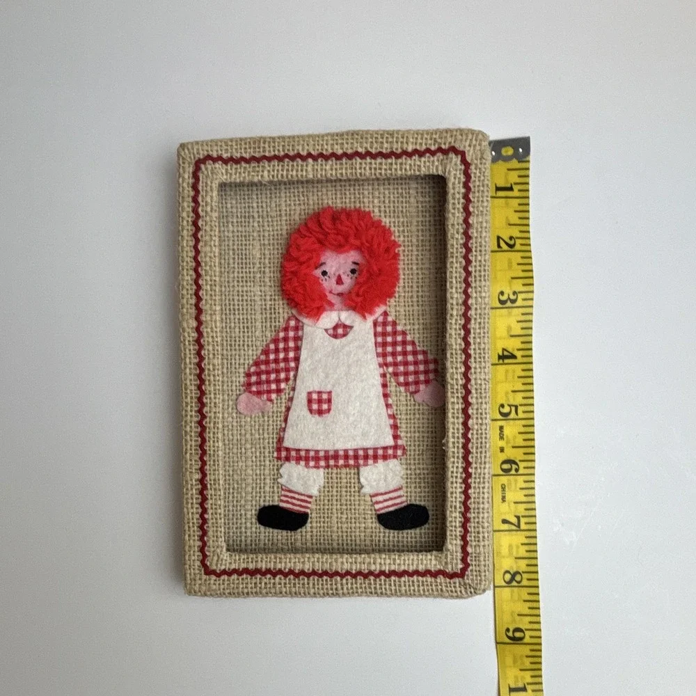 Vintage Raggedy Ann & Andy Burlap  5x7 Gingham set wall art nursery, collectible